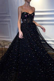 Elegant A Line Sweetheart Strapless Black Tulle Prom Dresses with Beading STI15578