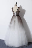 Elegant A Line Long Tulle V Neck Straps Prom Dresses, Lace up Party Dresses STI15147