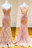 Mermaid Spaghetti Straps Pink Lace V Neck Beads Prom Dresses with STI15654