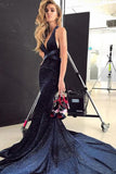 Sexy Mermaid Deep V Neck Velvet Dark Navy Long Prom Dresses, Sparkly Evening Dresses STI15529