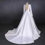 Ball Gown Long Sleeve White Satin Wedding Dresses, Long Simple Wedding Gowns STI15060