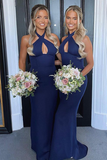 Nadia Satin Sleeveless Sweep-Brush Train Halter Natural Waist Trumpet/Mermaid Bridesmaid Dresses