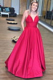 Simple A Line Spaghetti Straps V Neck Prom Dresses with Pockets, Backless Long Dance Dress STI15384