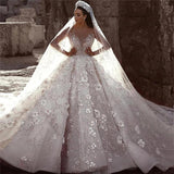 Stunning Long Sleeve Ball Gown 3D Flowers Wedding Dresses, Long Wedding Gowns STI15435