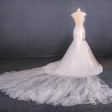 Charming Mermaid Tulle V-neck Wedding Dress, Sheer Back Long Bridal Dresses STI15112