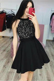 Black Lace& Chiffon Heap Homecoming Dresses A Line Sleeveless Short PFPGHJ6D