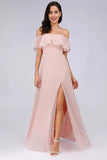 Charming Off Shoulder Ruffle Pink Chiffon Long Prom Dresses Bridesmaid Dresses STI15114