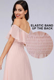 Charming Off Shoulder Ruffle Pink Chiffon Long Prom Dresses Bridesmaid Dresses STI15114