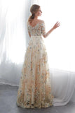 Charming A Line Floral Scoop Prom Dresses 3/4 Sleeves Empire Waist Long Evening Gowns STI15088