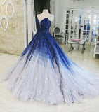 Ombre Ball Gown Royal Blue Prom Dresses With Appliques, Long V Neck Quinceanera Dresses STI15275