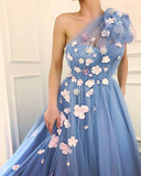 Charming One Shoulder Blue Tulle 3D Flowers Prom Dresses, Long Cheap Dance Dresses STI15119