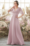 India A-Line/Princess Chiffon Spaghetti Straps Short Sleeves Floor Length Natural Waist Bridesmaid Dresses