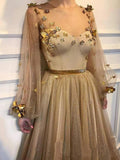 Elegant 3D Flowers Long Sleeve Prom Dresses Golden Rhinestone Evening Dresses STI15143