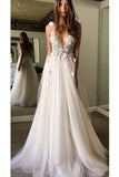 Spaghetti Straps Deep V Neck Backless Tulle Prom Dress with Flowers, Beach Wedding Gowns STI15413