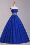 2024 Prom Dress Strapless Dark Royal Blue A Line/Princess Pick Up Tulle Skirt Beaded P21LA3TZ