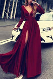 Burgundy Prom Dresses With Slit V Neck Cheap Long Sleeve Prom Dress PMHTEN3X