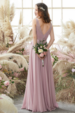 Angelique Floor Length Natural Waist Sleeveless Chiffon A-Line/Princess V-Neck Bridesmaid Dresses