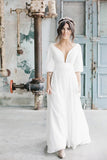 Simple A Line Ivory Chiffon V Neck Wedding Dresses Half Sleeves Long Wedding STIP42YQLZ1