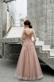 A Line V Neck Pink Beads Straps Prom Dresses Lace up, Long Dance STI20387