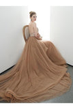 A-Line Spaghetti Straps Tulle Long Appliques Prom Dresses Formal P3ZAJKTR