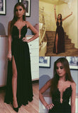 A Line Black Beads Chiffon Prom Dresses with Appliques Split Long Evening STI15608