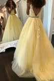 Fashion Ball Gown V Neck Prom Dresses with Appliques and Beads, Quinceanera Dresses STI15582