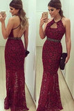 2024 Hot Sheath Halter Open Back Lace Prom Dresses PQNEJNXL