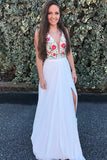 Beauty Flowy White Embroidery V-Neck Prom Dresses PBZ42YK4