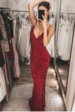 Burgundy Sequins Mermaid Long V Neck Backless Prom Dresses, Formal STI15621