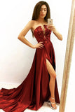 Elegant A line Strapless V Neck Burgundy Beads Prom Dresses with Slit, Party STI20412