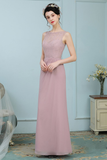 Viviana Sleeveless Sheath/Column Floor Length Scoop Lace Chiffon Natural Waist Bridesmaid Dresses