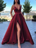 Simple A Line Spaghetti Straps V Neck Satin Prom Dresses with Slit, Formal STI20470