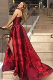 Unique A Line Strapless Burgundy Satin Prom Dresses With Appliques Formal STIPYZN65CB