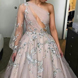 Long Sleeve One Shoulder Sparkly Prom Dress Long Evening Dress, Long Prom Dresses STI15245