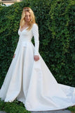 New Elegant Satin Wedding Dresses V Neck Long Sleeve Bridal Gowns P6QTDZC1