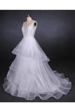 Unique V Neck Sleeveless Tulle Wedding Dresses Asymmetrical Long PHPYHEPM