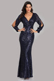 Long Split Sleeve Mermaid V Neck Dark Navy Blue Sequins Prom Dresses, Formal Dress STI15256