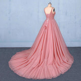 Ball Gown V Neck Tulle Prom Dress with Beads, Puffy Pink Sleeveless Quinceanera Dresses STI15074