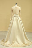 2024 Champagne Muslim Wedding Dresses Scoop A Line Long Sleeves Satin Plus PE6JDPGT