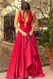 2024 V-Neck A Line Prom Dresses Satin Zipper Up PQGT93YM