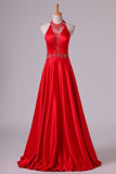 2024 Open Back A Line Halter Satin Prom Dresses With Beading Floor PB2TNXE7