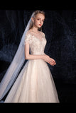 Ball Gown Tulle Wedding Dresses Short Sleeves Appliques PCJ9RAG4