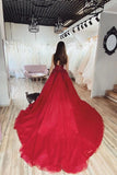 Burgundy Ball Gown V neck Spaghetti Straps Tulle Prom Dresses with Appliques STI15083