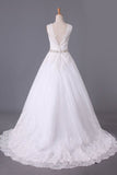 2024 Bridal Dresses A Line V-Back Tulle Chapel Train V-Back Applique & PE15QLTJ