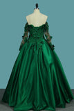 2024 Off The Shoulder Long Sleeves Prom Dresses A-Line Satin With Applique P794PTSY