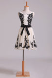 2024 Straps A Line Chiffon Prom Dress Short With Black Applique & P5233X9G