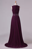 2024 Prom Dresses A-Line Bateau Floor-Length Chiffon With Beads & PHP9NLY1