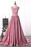 2024 Scoop A Line Satin Evening Dresses With Applique PDMN2N2Z