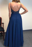 A Line Spaghetti Straps V Neck Chiffon Royal Blue Prom Dresses with Slit Beads Formal Dress STI15032