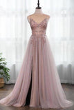 Spaghetti Straps Gorgeous Beading Prom Dress A Line Split Tulle P4SY2133